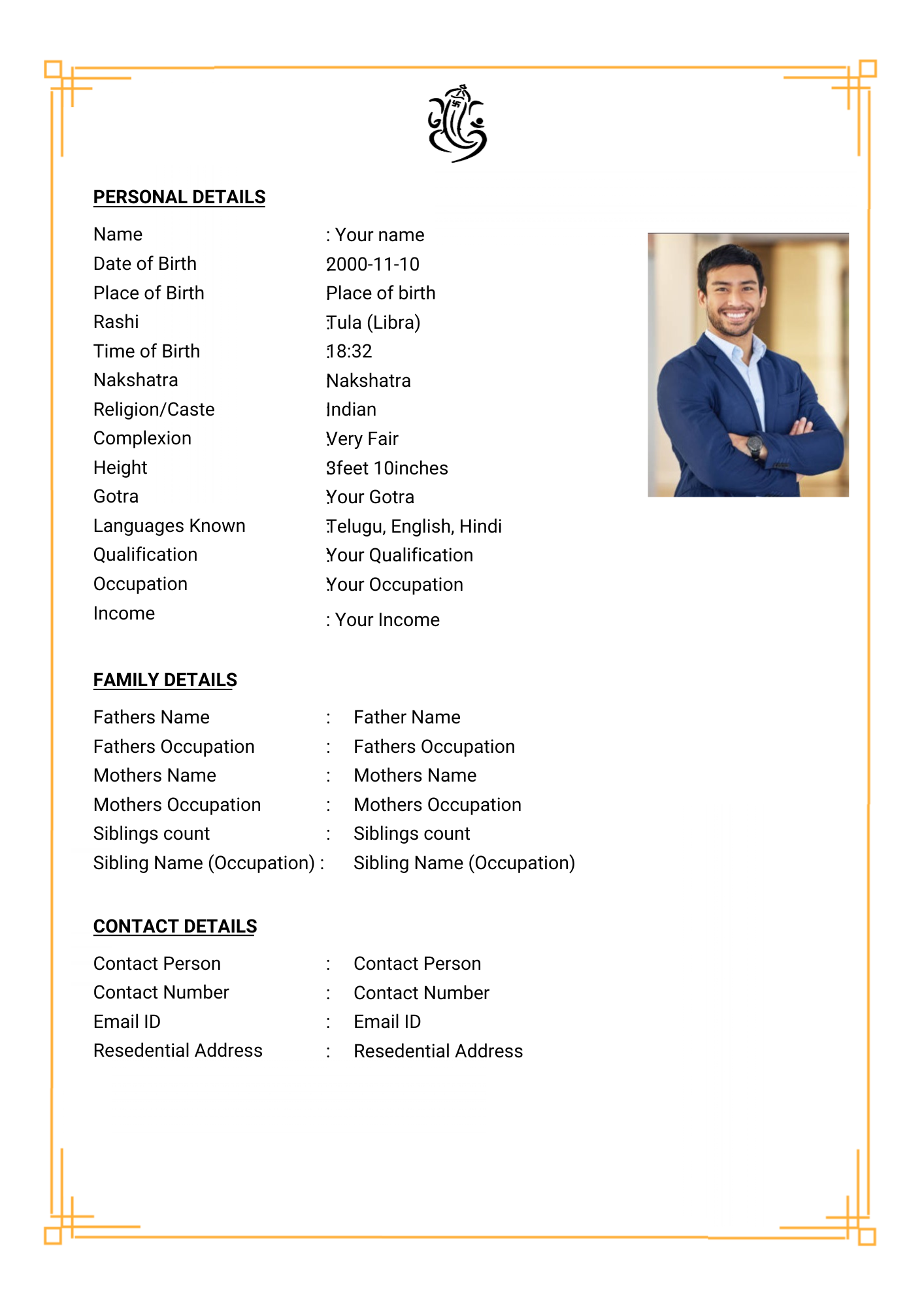 Moti marriage biodata template, biodata for marriage design, A4 PDF