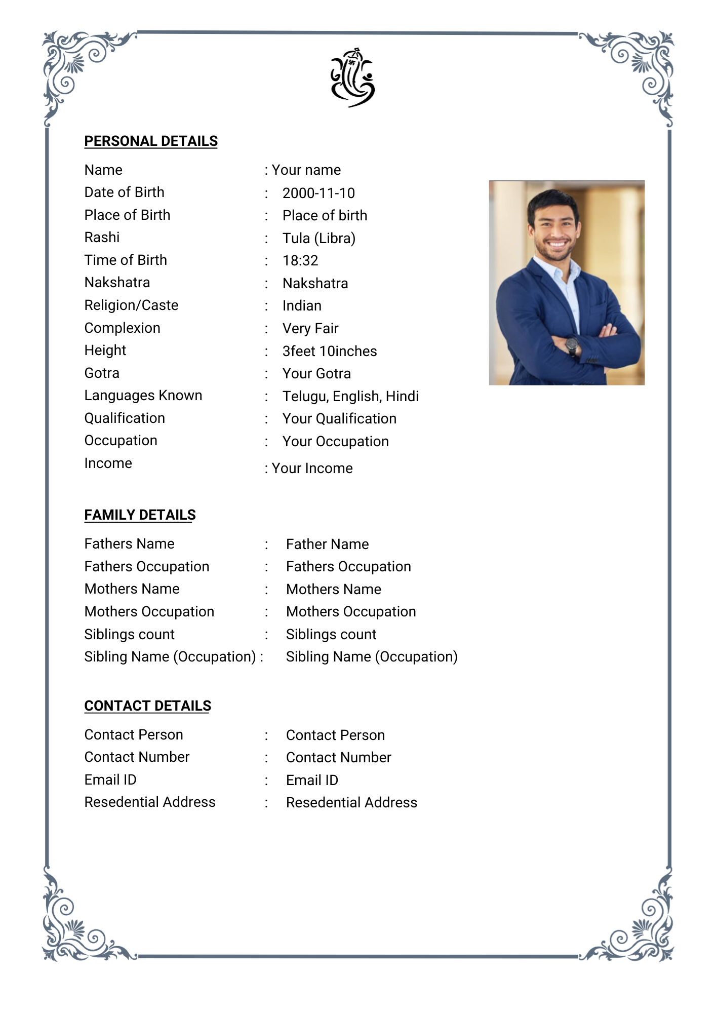 Modern marriage biodata format with photo, A4 layout