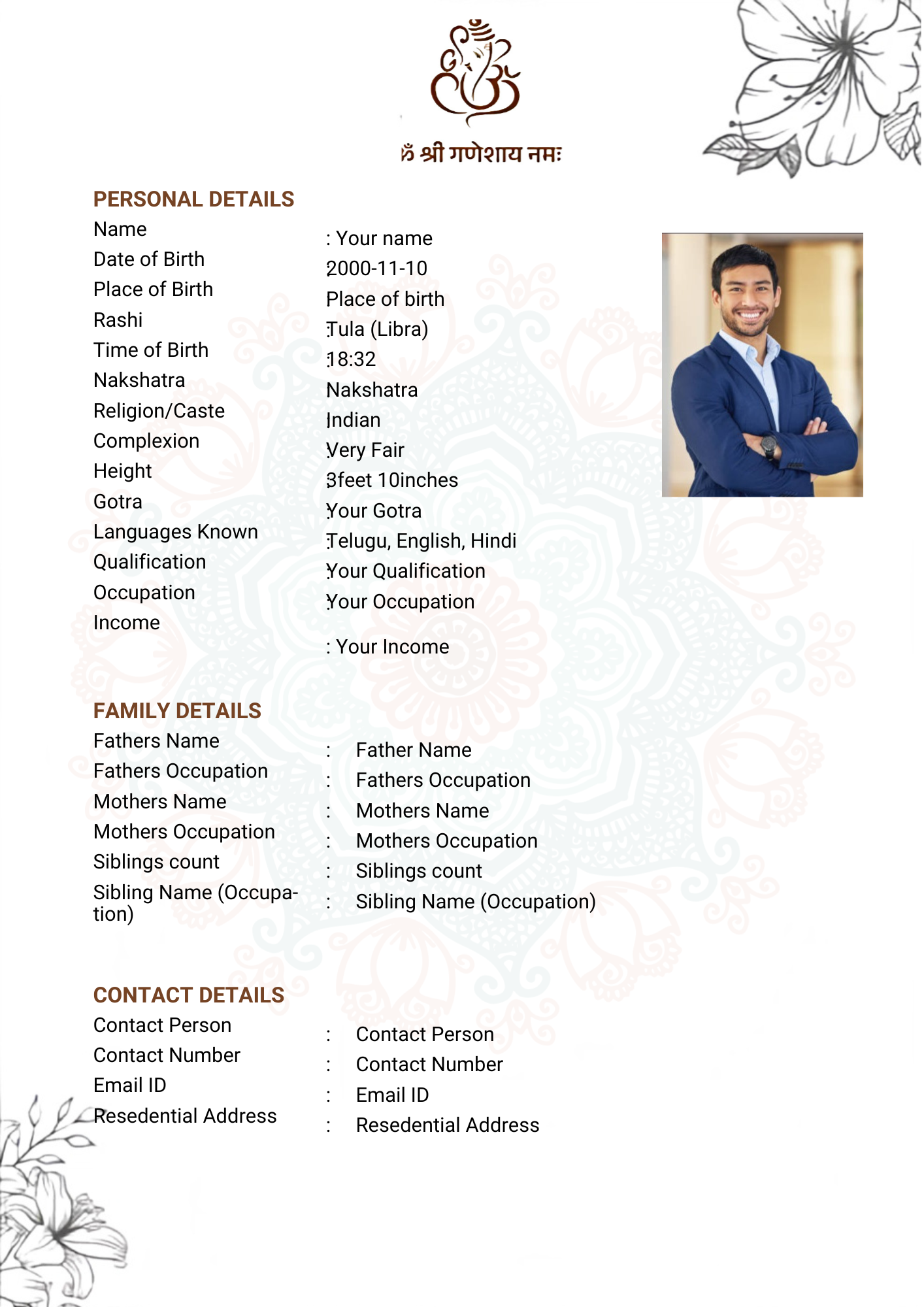 Zari marriage biodata template, biodata for marriage design, A4 PDF
