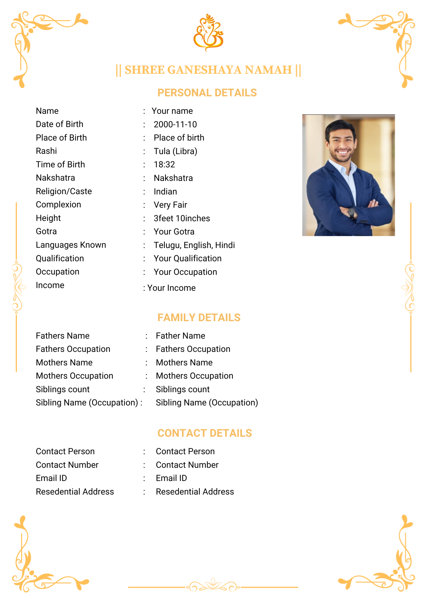 Marigold marriage biodata template, biodata for marriage design, A4 PDF