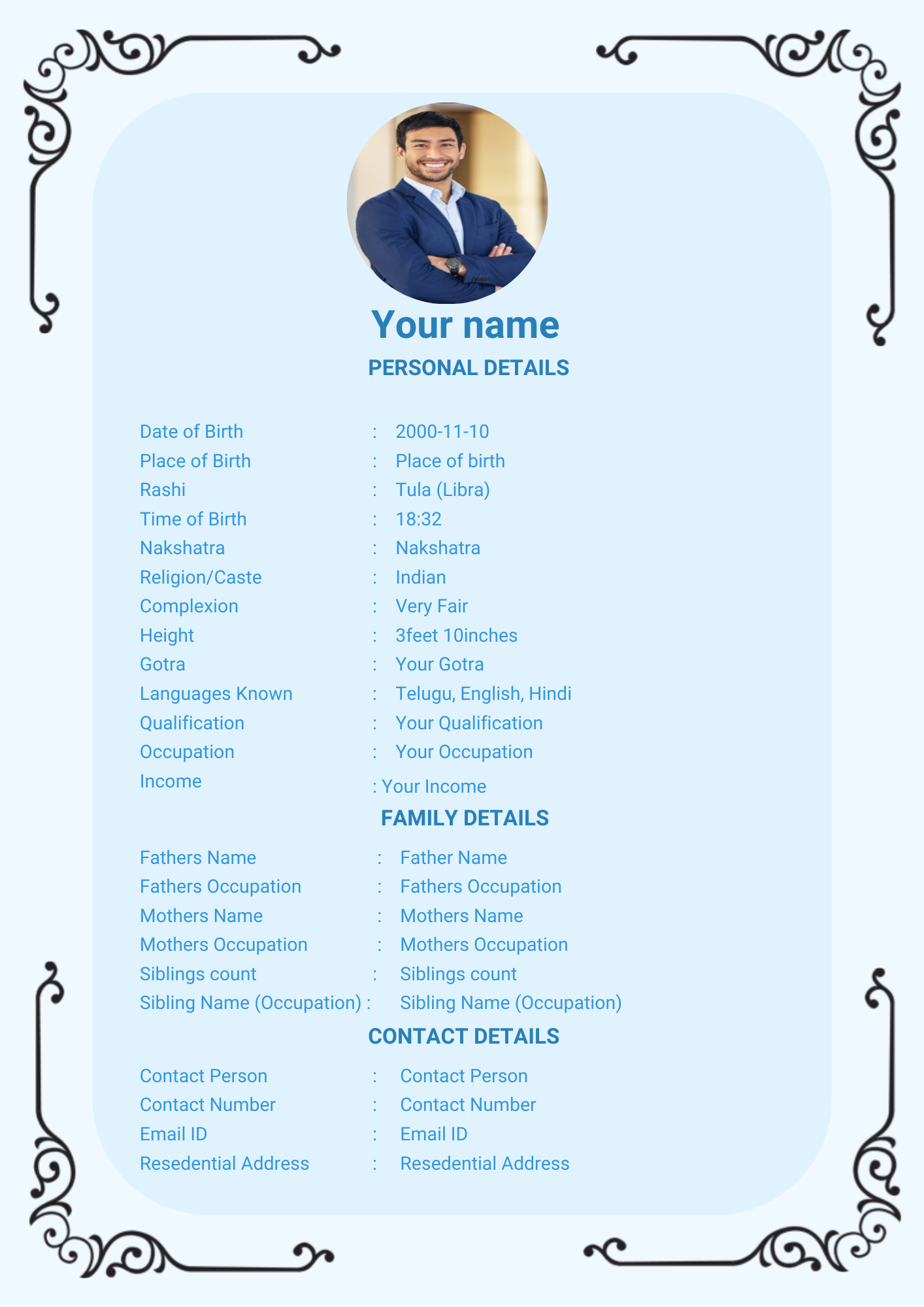 Filigree marriage biodata template, biodata for marriage design, A4 PDF